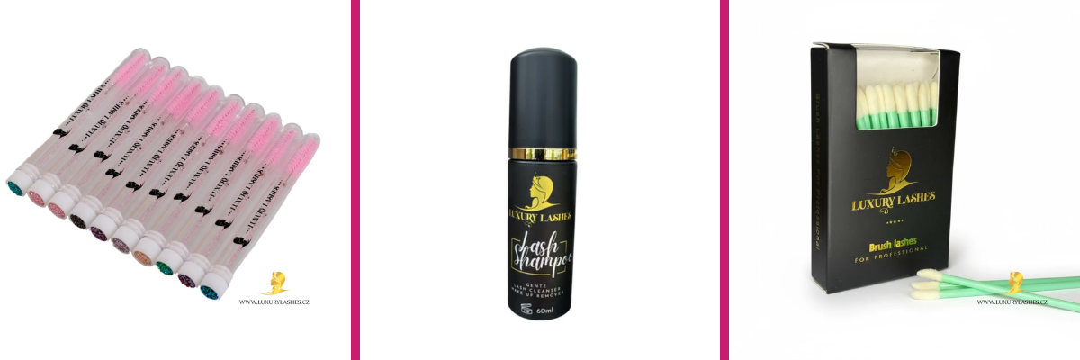 Koláž produktů Luxury Lashes na čištění a česání k prodloužení životnosti řas